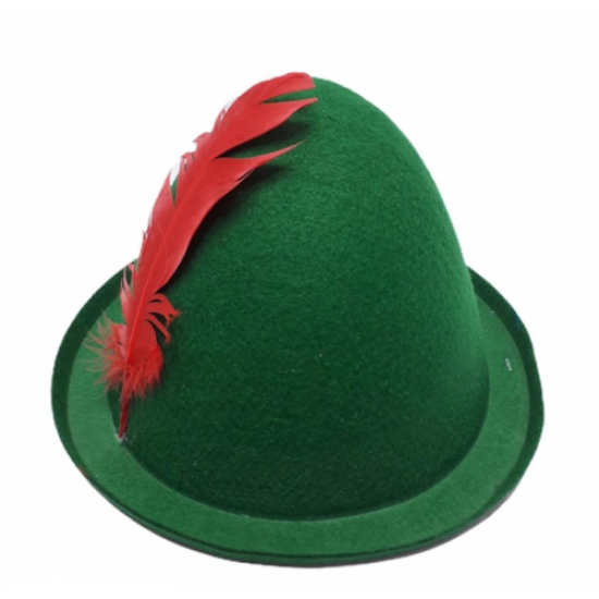 Peter Pan Şapkası Yeşil Renk Kırmızı Tüylü