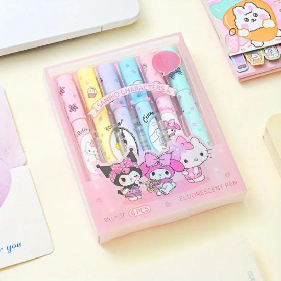 6’lı Fosforlu Kalem Seti - Sanrio Karakterleri, Kuromi, Hello Kitty