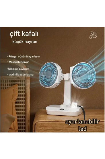 Masaüstü Dijital Ekranlı Çift Fanlı Led Işıklı Soğutucu Fan Ev Ofis Şarjlı Vantilatör
