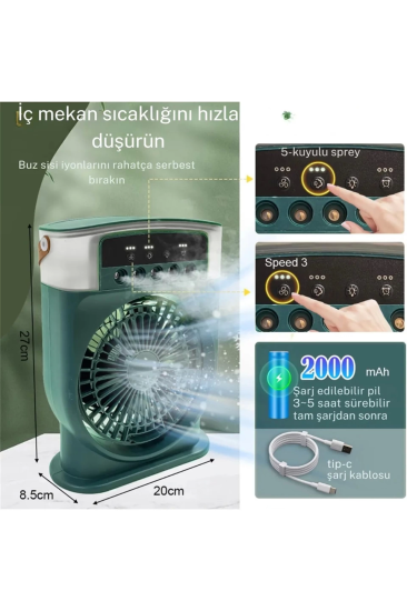 Şarjlı 600 Ml Su Hazneli Taşınabilir Masaüstü Vanilatör Güçlü Fan Ve 2000 Mah Pil Yeşil
